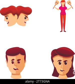 Schizophrenia icons set cartoon vector. Person with mental illness. Depresion, dementia, disease Stock Vector