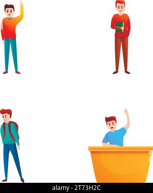 Offline training icons set cartoon vector. Young man in educational institution. Education process Stock Vector