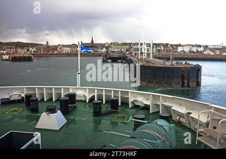 A view from the bow of the Caledonian MacBrayne ferry Loch Seaforth bound for Ullapool departing Stornoway, Isle of Lewis, Outer Hebrides, Scotland. Stock Photo