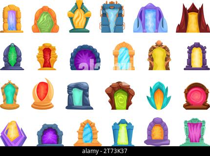 Magic portal icons set cartoon vector. Alien teleport. Planet game level Stock Vector