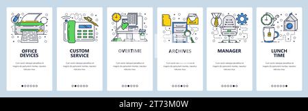 Vector web site linear art onboarding screens template. Business office accessories, printer, desk, chair. Menu banners for website and mobile app dev Stock Vector