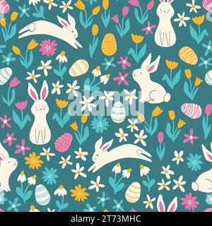 Seamless vector pattern with cute Easter bunnies and decorated Easter eggs and folk flowers. Vector illustration Stock Vector
