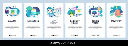 Vector web site onboarding screens template. Design creative tools and software. Mobile online Messaging app and Page not found error. Menu banners fo Stock Vector