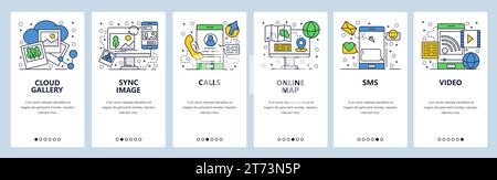Vector web site linear art onboarding screens template. Mobile phone online services, cloud sync, calls, navigation map and messages. Menu banners for Stock Vector