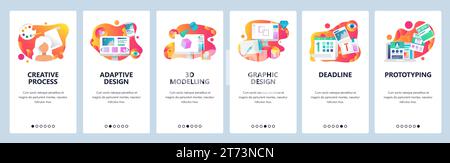 Vector web site onboarding screens gradient template. Graphic design, prototyping, creative artist and 3d modelling. Menu banners for website and mobi Stock Vector