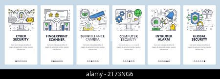 Vector web site linear art onboarding screens template. Internet cyber security, fingerprint secure login and surveillance camera. Menu banners for we Stock Vector