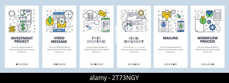 Vector web site linear art onboarding screens template. Files exchange and video messageing. Business workflow, investment and legal documents. Menu b Stock Vector