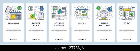 Vector web site linear art onboarding screens template. Online banking and pay per click advertising. Smart solutions. Menu banners for website and mo Stock Vector