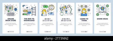 Vector web site linear art onboarding screens template. Education and knowledge, creative ideas and critical thinking. Menu banners for website and mo Stock Vector