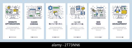 Vector web site linear art onboarding screens template. Digital marketing, website optimization and SEO analytics. Menu banners for website and mobile Stock Vector