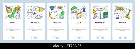 Vector web site linear art onboarding screens template. Toutist landmark and attractions in different countries. France, Italy, Russia, Germany, USA. Stock Vector