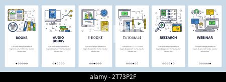 Vector web site linear art onboarding screens template. Electronic books, audio book and online tutorials. Menu banners for website and mobile app dev Stock Vector