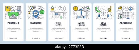 Vector web site linear art onboarding screens template. Working hours, job recruiter, sick leave and cold calls. Menu banners for website and mobile a Stock Vector