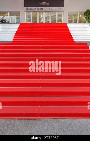 Cannes, France - February 1, 2016: Empty Red Carpet at Famous Festival Hall Louis Lumiere Cannes Festival. Stock Photo