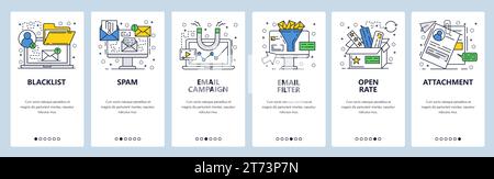 Vector web site linear art onboarding screens template. Email marketing, spam, filter, open rate. Menu banners for website and mobile app development. Stock Vector