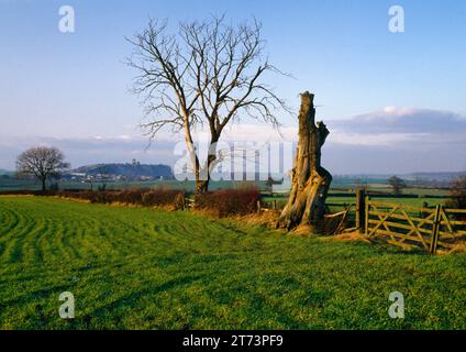 View NW of Breedon on the Hill church (St Mary and St Hardulph), the Bulwarks Iron Age hillfort & Breedon Quarry, Leicestershire, England, UK. Stock Photo