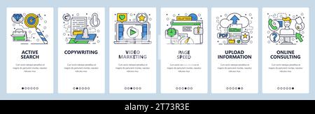 Vector web site linear art onboarding screens template. Video marketing, upload files and online customer service. Menu banners for website and mobile Stock Vector