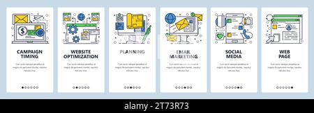 Vector web site linear art onboarding screens template. Email marketing, customer chat support, website optimization and development. Menu banners for Stock Vector