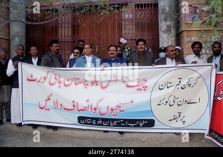 Members of Christian Community are holding protest demonstration against land grabbing of Christian Cemetery, held at Quetta press club on Monday, November 13, 2023. Stock Photo