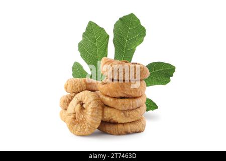 Dried figs and green leaf isolated on white Stock Photo