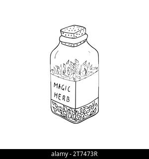 Vector illustration of dried herb in a glass jar. Vector illustration of cannabis buds in a glass jar. Dried Herbs. Vector Icon isolated on white back Stock Vector