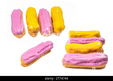 Fresh tasty eclairs isoalted on white background. Top view. Stock Photo
