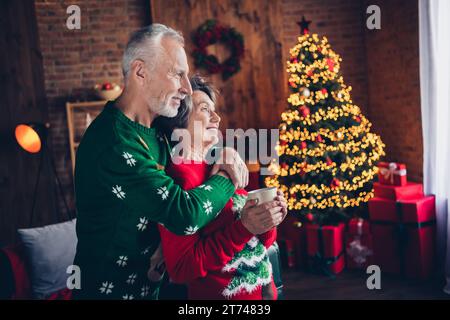 Profile photo of old age satisfied couple hugs together looking far away stay home interested see window home drink hot mug cappuccino indoors Stock Photo
