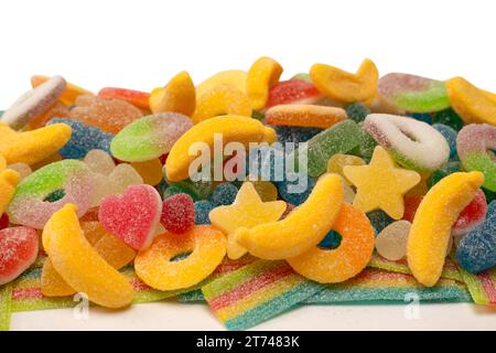 Assorted gummy candies isolated on a white background. Top view. Jelly  sweets. Stock Photo