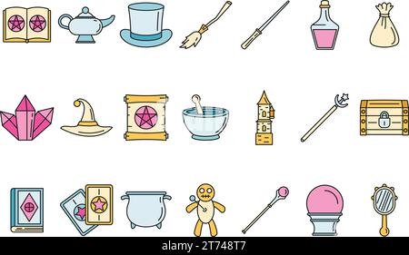 Magic wizard tools icons set. Outline set of magic wizard tools vector icons thin line color flat on white Stock Vector
