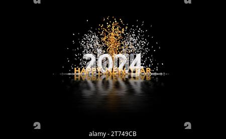 Happy new year 2024 - golden text and confettis - 3D rendering Stock Photo