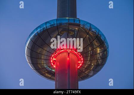 Night time view of the British Airways i360 observation tower on the seafront in Brighton, Sussex, England, UK Stock Photo