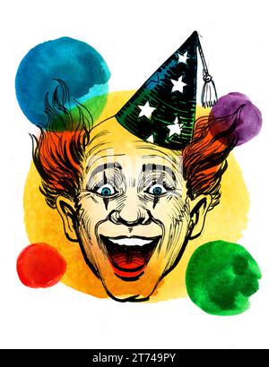 Happy clown face. Hand-drawn vintage styled ink and watercolor illustration Stock Photo