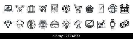 set of black line icons of various technologies and modern life concepts, gadgets, connection and shopping, arranged in a row on a white background. V Stock Vector