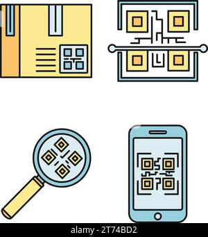QR code element icons set. Outline set of QR code element vector icons thin line color flat on white Stock Vector