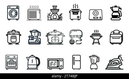 Set of Black Line Vector Icons for Kitchen Appliances Isolated on White Background. Vector illustration Stock Vector