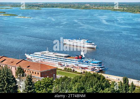 Passenger motor ship on the pier of the Volga River Stock Photo