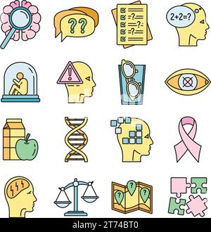Aging alzheimer disease icons set. Outline set of aging alzheimer disease vector icons thin line color flat on white Stock Vector