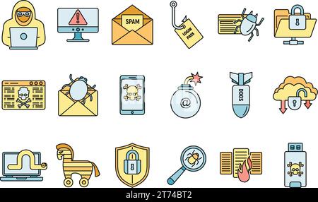 Cyber attack bug icons set. Outline set of cyber attack bug vector icons thin line color flat on white Stock Vector