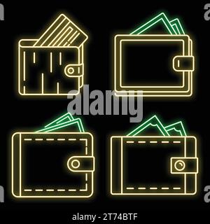 Modern wallet icons set. Outline set of modern wallet vector icons neon color on black Stock Vector