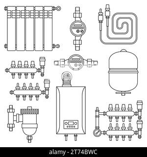 Set of objects for heating. Industrial image of plumbing objects. Stock Vector