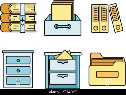 Archive library icons set. Outline set of archive library vector icons thin line color flat on white Stock Vector