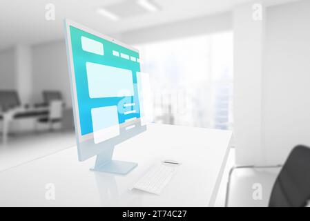 Computer display on an office desk with a hovering web page or app layout. Web design or development creative process concept Stock Photo