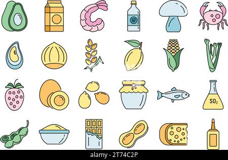 Bio product allergy icons set. Outline set of bio product allergy vector icons thin line color flat on white Stock Vector