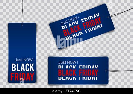 Black friday tag rectangular banner and the rope hanging on transparent background Stock Vector
