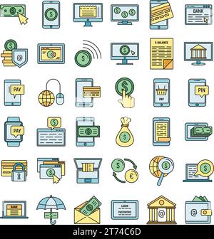 Mobile internet banking icons set. Outline set of mobile internet banking vector icons thin line color flat on white Stock Vector
