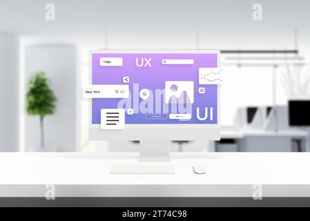 User interface and experience modules of a web page or app hover on an office computer display. Modern work environment Stock Photo