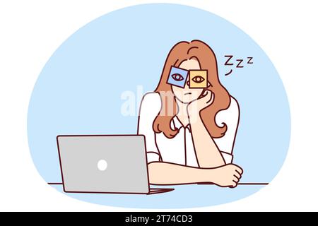 Exhausted young woman sit at desk work on computer overwhelmed with office job. Tired girl feel sleepy overwork at workplace. Fatigue concept. Vector illustration. Stock Vector