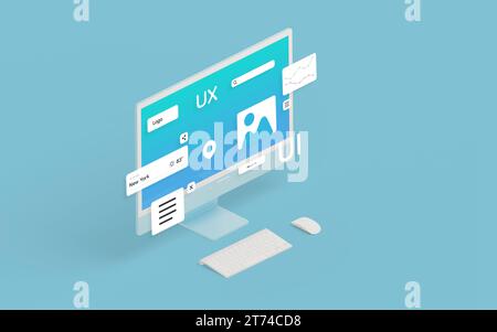 Isometric computer display with user interface modules, illustrating the concept of web or app development. Digital design and development Stock Photo