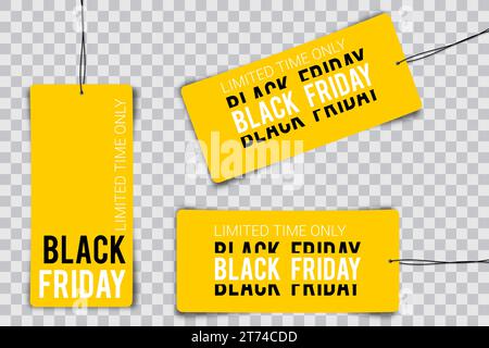 Black friday tag rectangular banner and the rope hanging on transparent background Stock Vector
