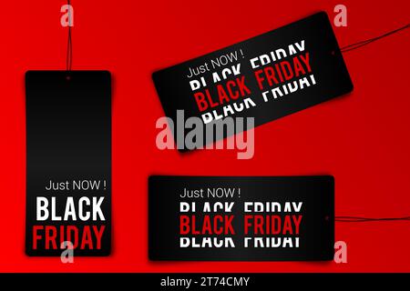 Black friday tag rectangular banner and the rope hanging on transparent background Stock Vector